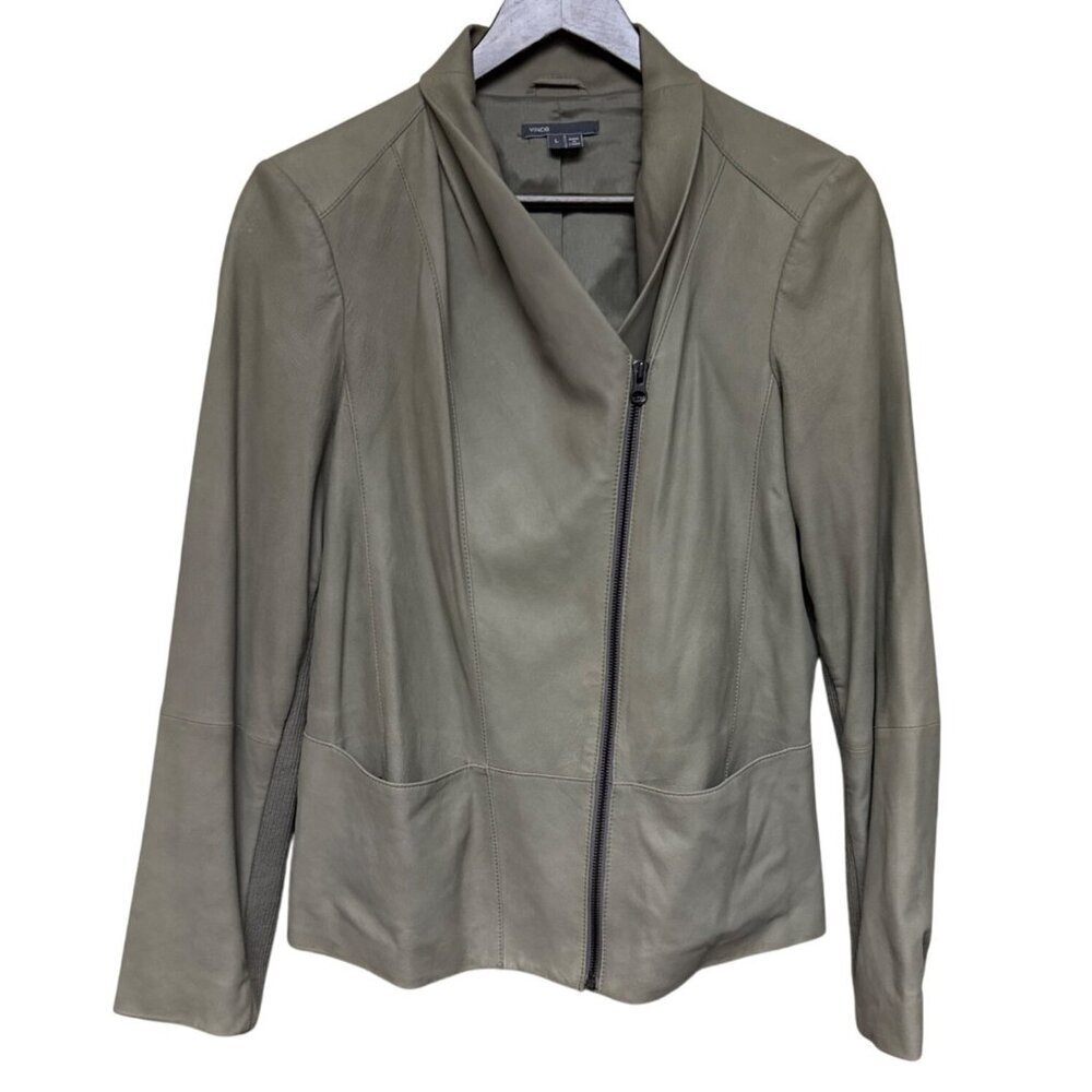 Vince Women's Leather Jacket Asymmetrical Moto Olive Taupe Large Knit Panel